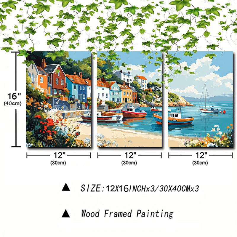 Coastal Village Canvas Wall Art - 3pcs Framed Boat and Seaside Town Print Set - 12x16 Inch Ready to Hang Paintings for Living Room, Dining Area Decoration