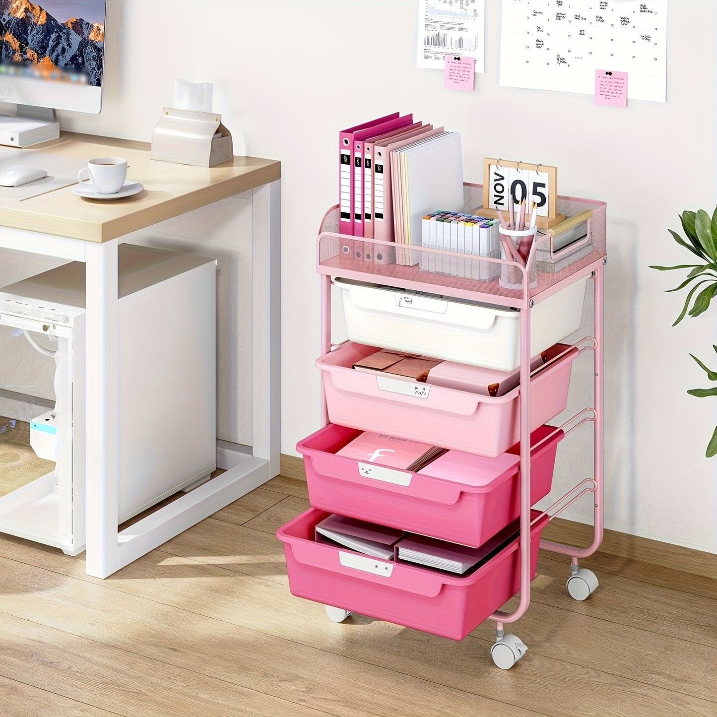 Pink Rolling Utility Cart with 4 Drawers & 4-Tier Mesh Top - Mobile Storage Organizer with 4pcs DIY Lable Drawers, Durable Metal Frame, 3.2 Cu Ft Capacity, Compact Under 27" Height for Office, Craft Room, Home Organization, S