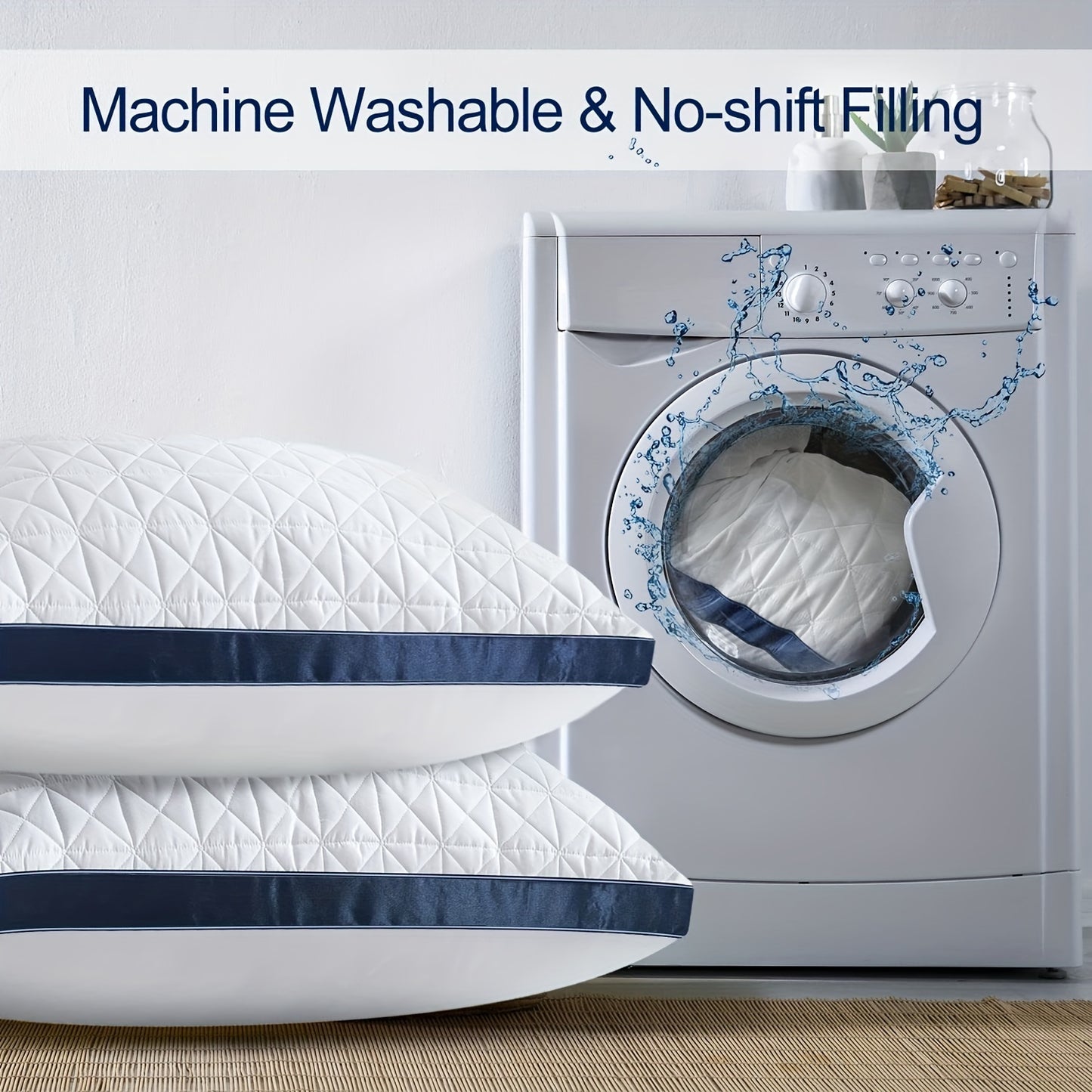 2-Pack Luxury Cooling Bed Pillows - Breathable Down Alternative Gusseted Supportive Pillows with White & Navy Blue Elegant Pattern, Soft Fiber Fill, Machine Washable - Hotel & Home Bedding for Side/Back/Stomach Sleepers, All-