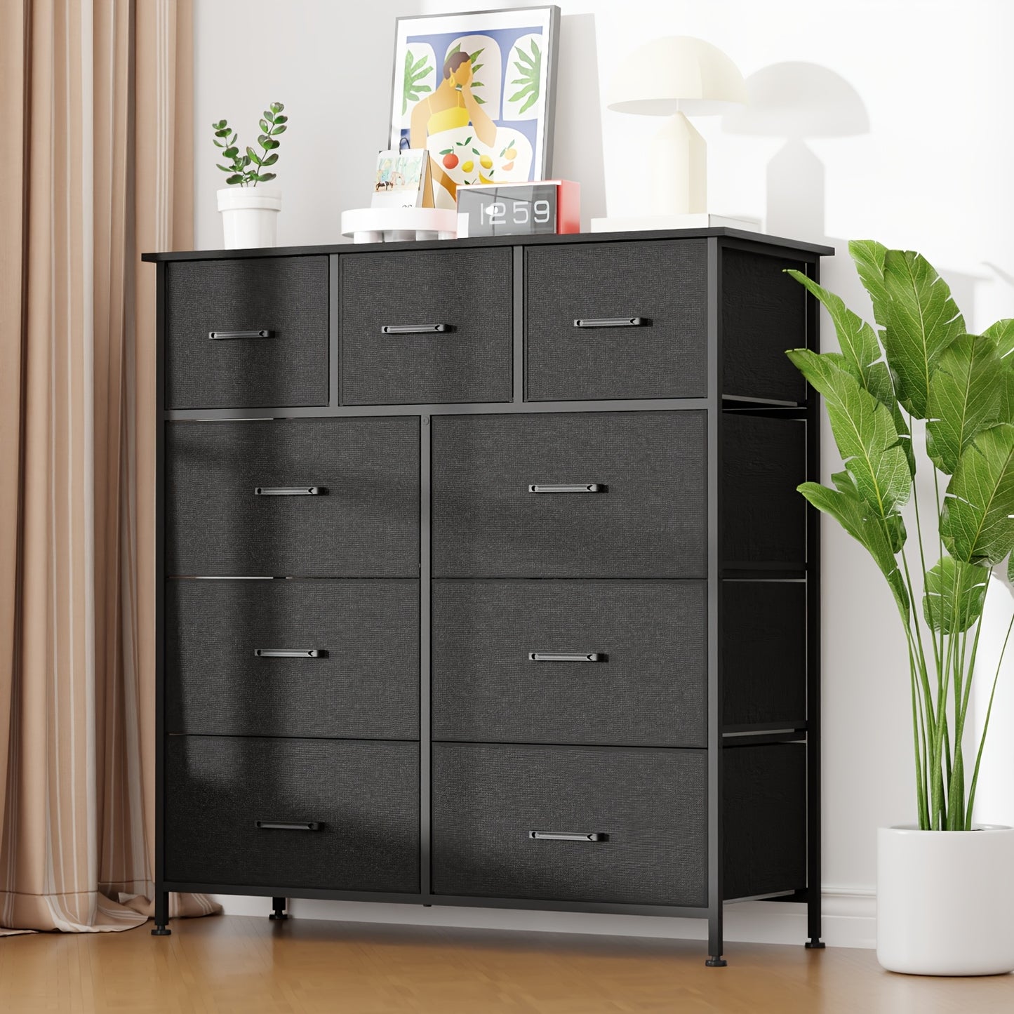 5/8/9 Fabric Drawers Dresser For Bedroom, Storage Drawers, Chest Organizer Units With Wooden And Steel Frame Top For Bedroom, Living Room, Closet, Living Room, Entryway, Black/Grey/Nature