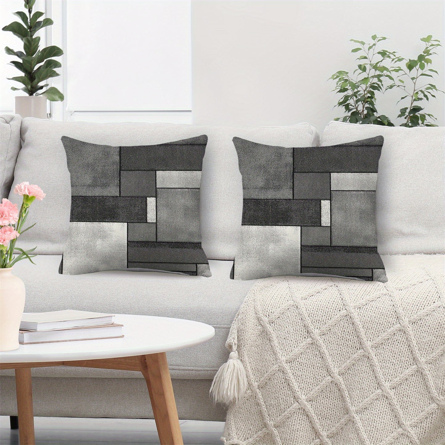 Set of 2 Gray Geometric Rectangular Throw Pillow Covers - Modern Abstract Design in Shades of Gray, Polyester Material with Zip Closure, Perfect for Beds, Sofas, and Bedrooms, Bedroom Decor|Contemporary Pillow Cover|Zippered