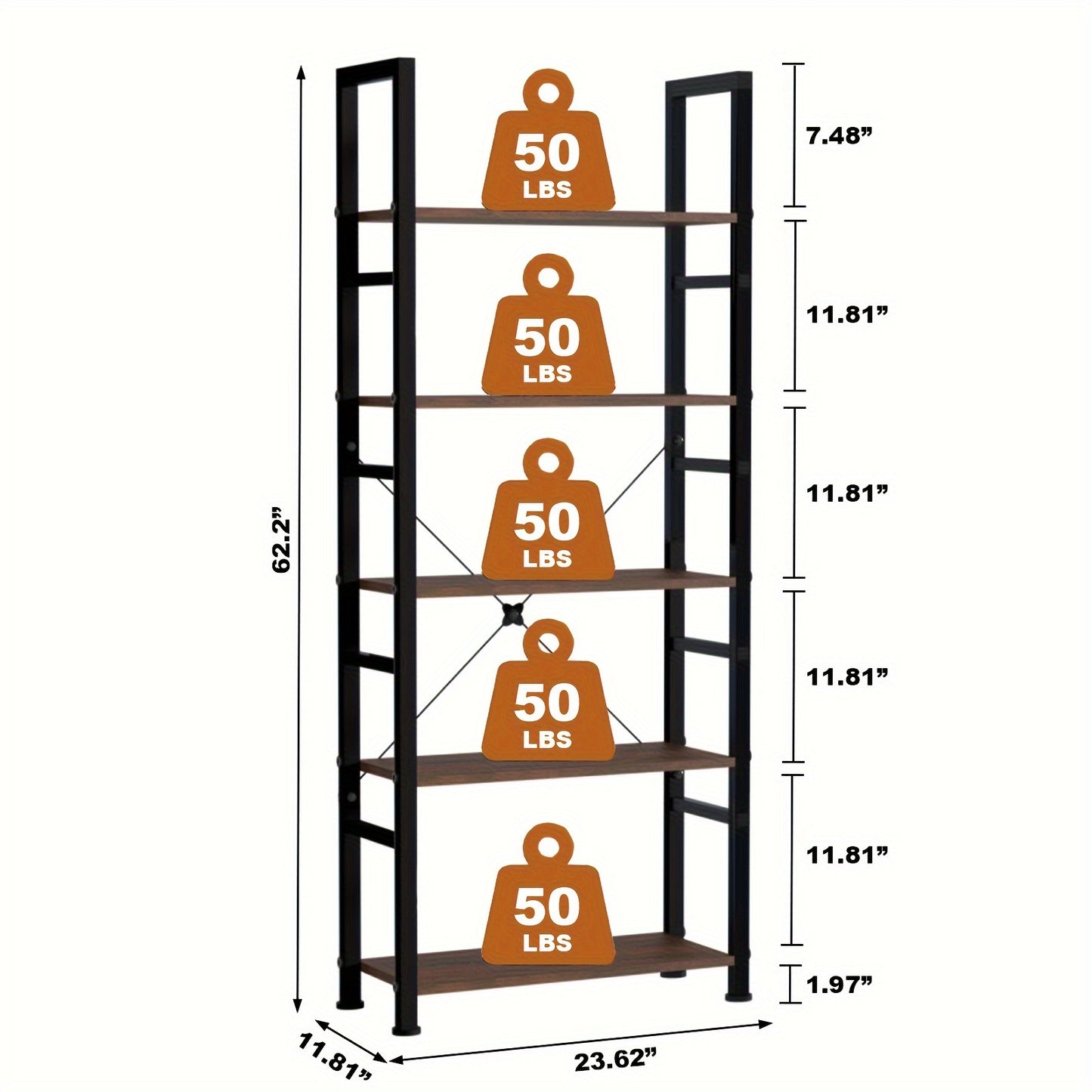 5-Tier Industrial Bookshelf - Heavy-Duty Metal Open Shelving Unit, Space-Saving Vertical Storage Organizer for Living Room, Home Office, Music Studio - Sturdy Bookcase for Books, Decor, Sheet Music - Modern Industrial Decor i