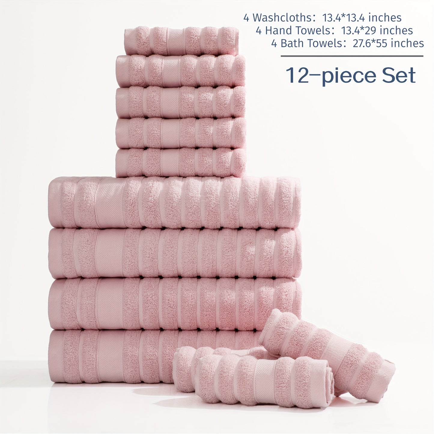 12pcs Cotton Towels Set, 4 Washcloths + 4 Hand Towels + 4 Bath Towels, Bath Line Sets, Festive Bathroom Decor And Gift, Travel Essential ItemsStripe, 400GSM, Quick-drying, Soft And Comfortable, Bathroom Accessories, Towel For