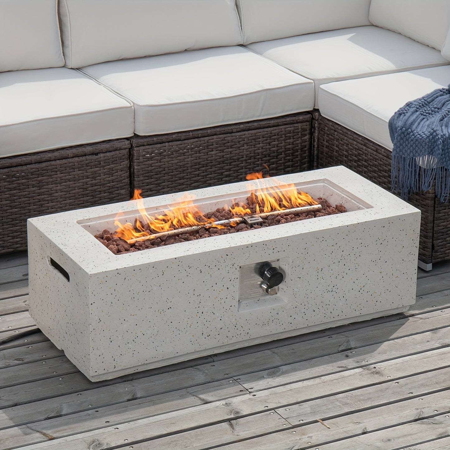[42" Fire Pit Table] 42" Rectangular Fire Pit Table - 1pc 40,000 BTU Propane Fire Pit with Adjustable Flame, Speckled White Finish, Built-In Storage & Side Table, Matchable Glass Cover & Tank Cover - Outdoor Heating for Patio