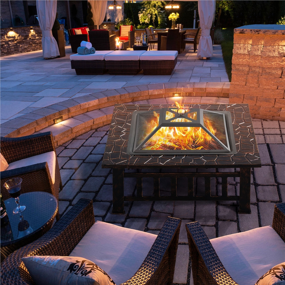 Costoffs Halloween 32in/34in Outdoor Multi-functional Fire Pit Wood Fire Pit Table for Patio Camping Square Firepit for Barbecue, Heating, Cooling w/Cover, Poker