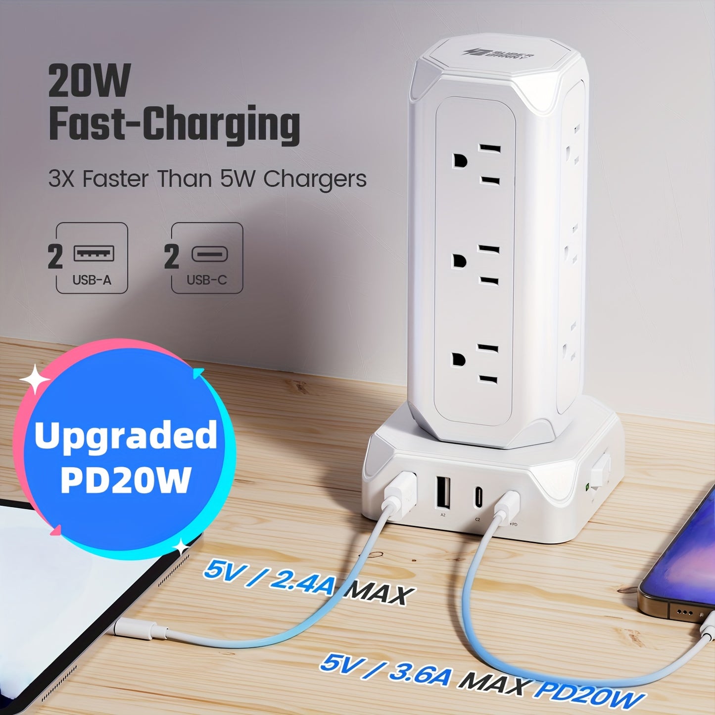 12 Outlets(1625W/13A) Power Strip Tower with 35W USB(2 USB-A & 2 USB-C) Charging Station, 20W PD Fast Charger, Surge Protector, 6.5/10/15ft Flat Plug Extension Cord with Multiple Outlets for Home, Office, Dorm, Multi Outlet P