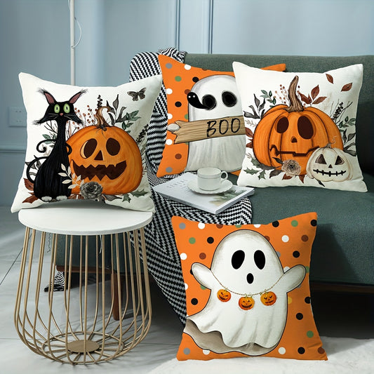 Single-sided 4pcs Halloween Decorative Pillow Covers, Colorful Cat Pumpkin Pattern Suitable for Sofa, Bedroom, Living Room & Outdoor Cabin Decoration