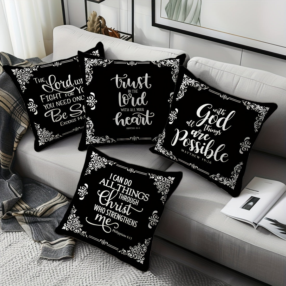 4pcs, Black White Bible Verse Retro Border Throw Pillow Covers, Simple Style Throw Pillow Case, 100% Polyester Peach Skin Material, Single Side Printing 45x45cm/17.71x17.71in, Decorative Cushion Cover For Home Bedroom Sofa Ch