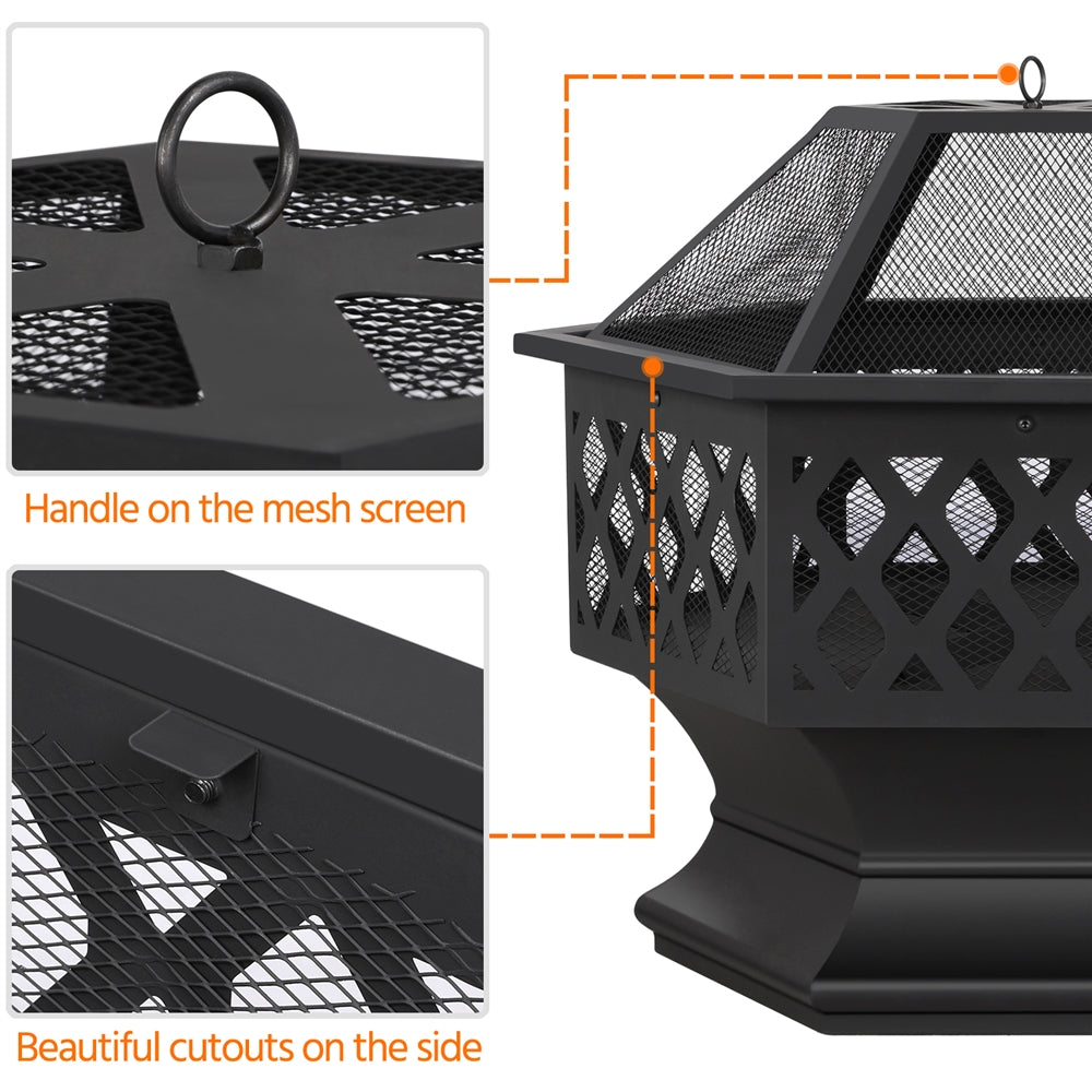 Costoffs Halloween 24in Hex Shaped Fire Pit Bowl with Spark Screen & Poker