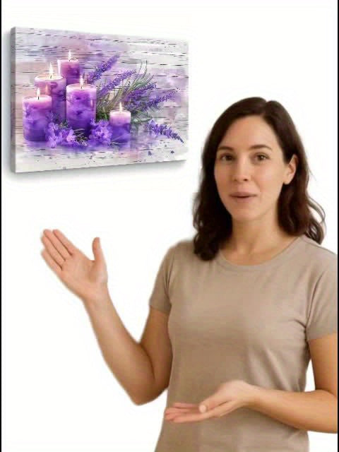 [2D Flat] 1pc Elegant Purple Candles & Lavender Canvas Art Print, 11.8"x15.7" - Wooden Framed Wall Decor for Living Room, Bedroom, Kitchen | Serene Home & Office Accent, Ideal Christmas Gift for Her or Him, Bedroom Wall Art|P