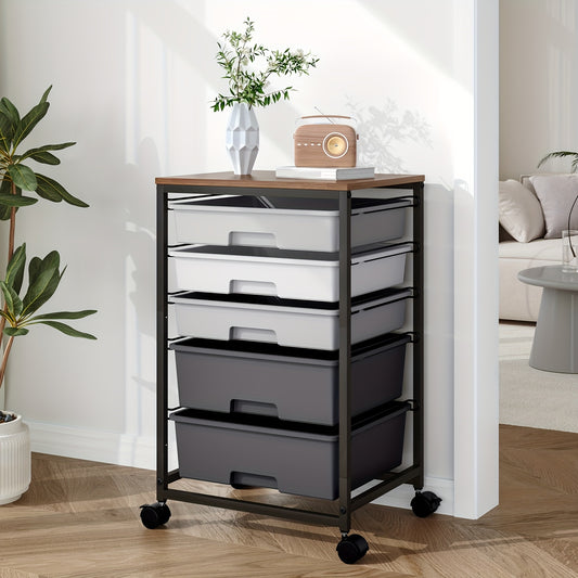 5-Tier Heavy-Duty Metal Utility Cart with 5 Lockable Drawers & Tabletop - Rolling Storage Cabinet on Locking Wheels, Space-Saving Sturdy Frame for Home Office, Workshop, Craft Room Organization - Easy Assembly, Dark Grey (No