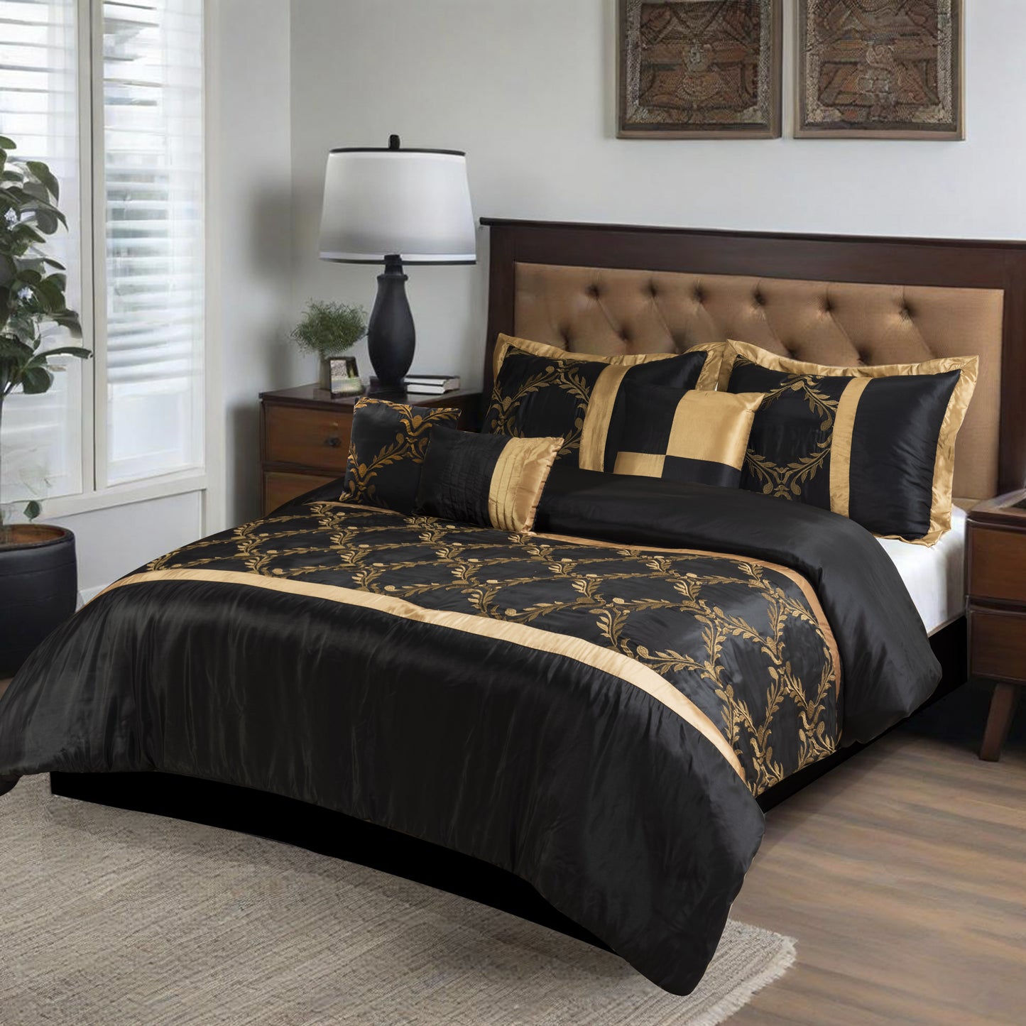 7 Piece Classic Embroidery Comforter Set King/Queen- Black And Silver Faux Silk Fabric Embroideried-1 Comforter, 2 Shams, 3 Decorative Pillows, 1 Bedskirt