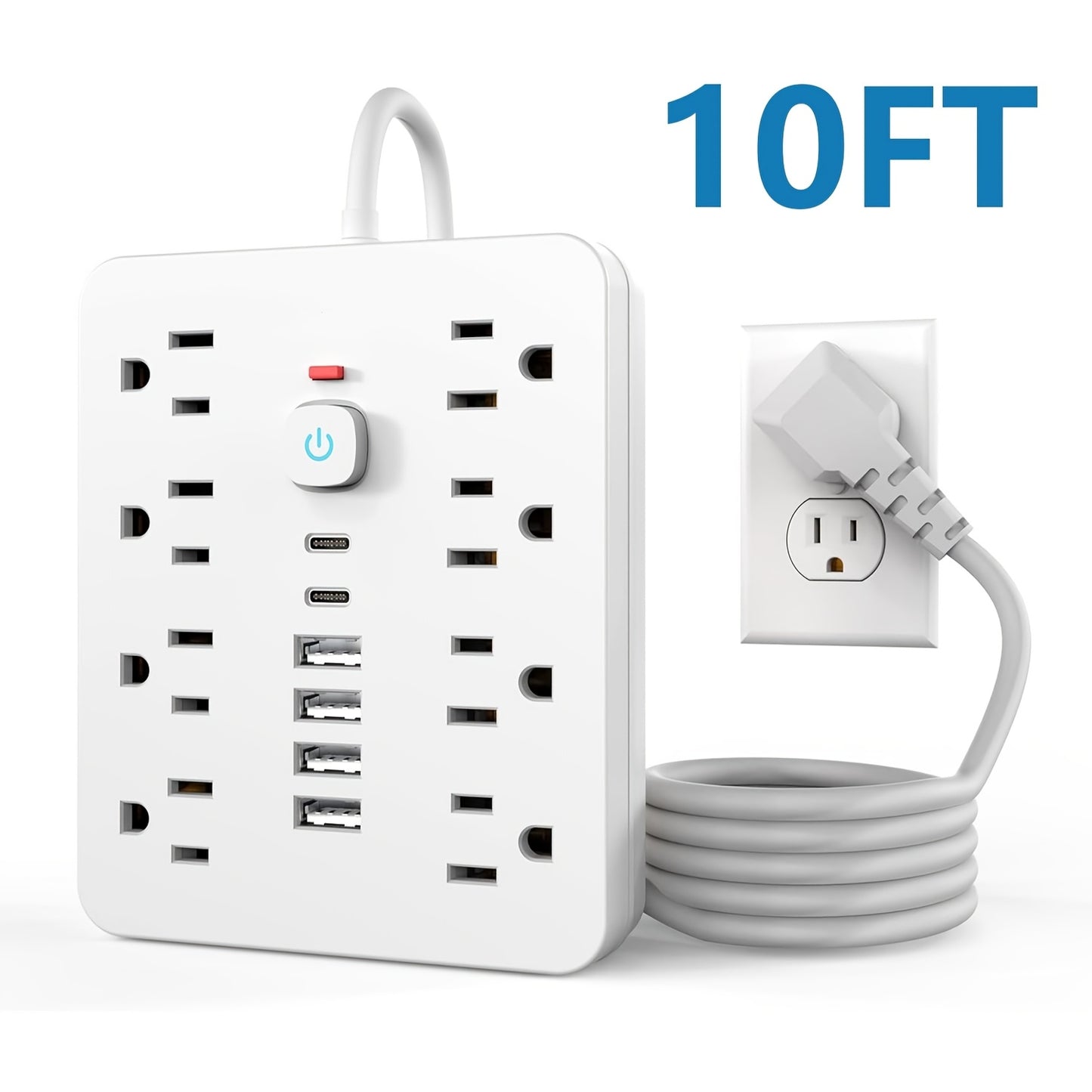 [Black Outlet Surge Protector] 14-in-1 Black Outlet with 8 Receptacles, 4 USB Ports, 2 USB-C Ports, 5/10ft Extension Cord, Flat Plug, Wall Mount, Overload Protection, Power Outlet Surge Protector - Ideal for Home and Office D