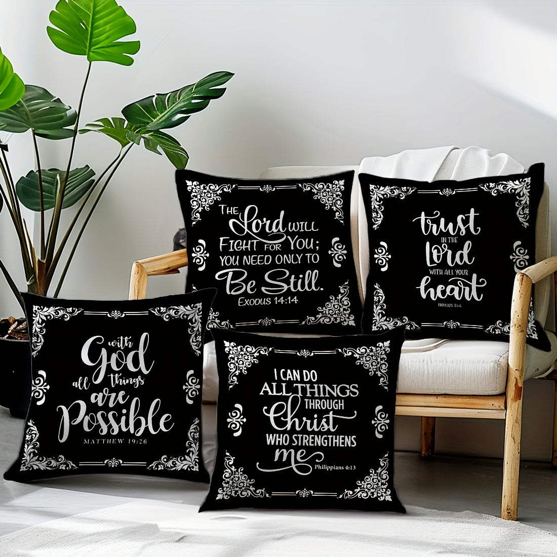4pcs, Black White Bible Verse Retro Border Throw Pillow Covers, Simple Style Throw Pillow Case, 100% Polyester Peach Skin Material, Single Side Printing 45x45cm/17.71x17.71in, Decorative Cushion Cover For Home Bedroom Sofa Ch