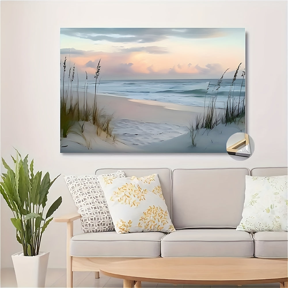 1pc Wooden Framed Canvas Beach Seascape Wall Art - Serene Ocean View with Dunes & Coastal Grass, Waterproof Canvas Print, Wrap-Around Frame for Home & Office Decor, Wedding, Anniversary, Graduation Class of 25 Decorations, We