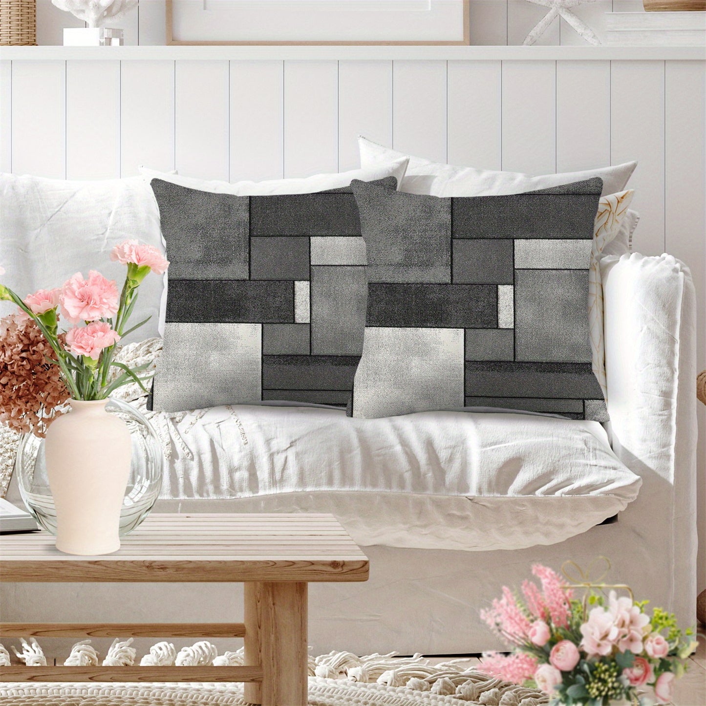 Set of 2 Gray Geometric Rectangular Throw Pillow Covers - Modern Abstract Design in Shades of Gray, Polyester Material with Zip Closure, Perfect for Beds, Sofas, and Bedrooms, Bedroom Decor|Contemporary Pillow Cover|Zippered