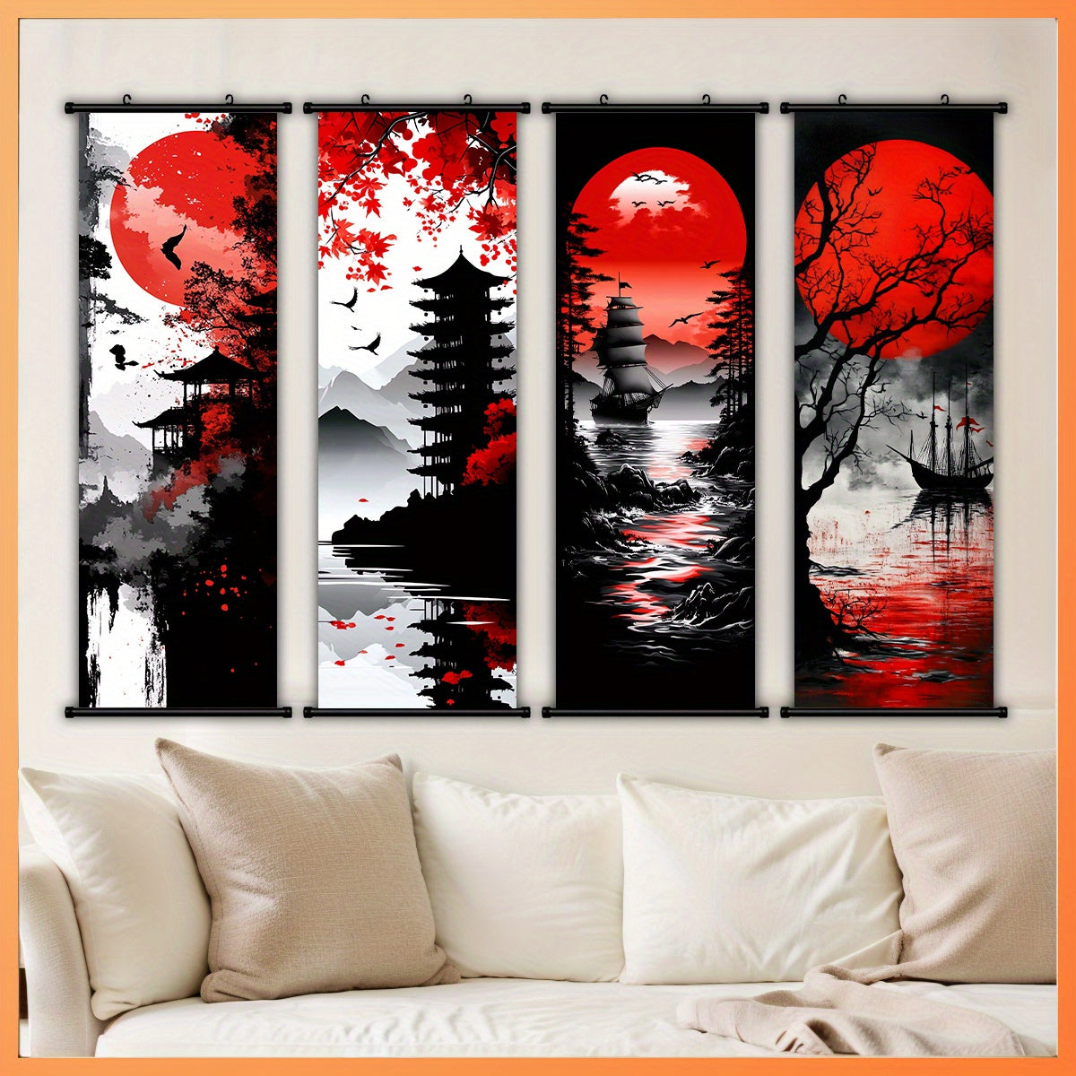 [Japanese Canvas Art] 4pcs Set of Japanese Landscape Canvas Wall Art - Featuring Traditional Red And Black Scroll Paintings - Made from High-Quality Canvas Material - Ready to Hang - with Elegant Wall Decor Suitable for Livin