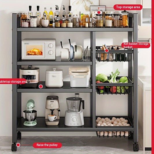 Movable Storage Rack, Adjustable 4-Layer Storage Rack with 3 Wire Baskets