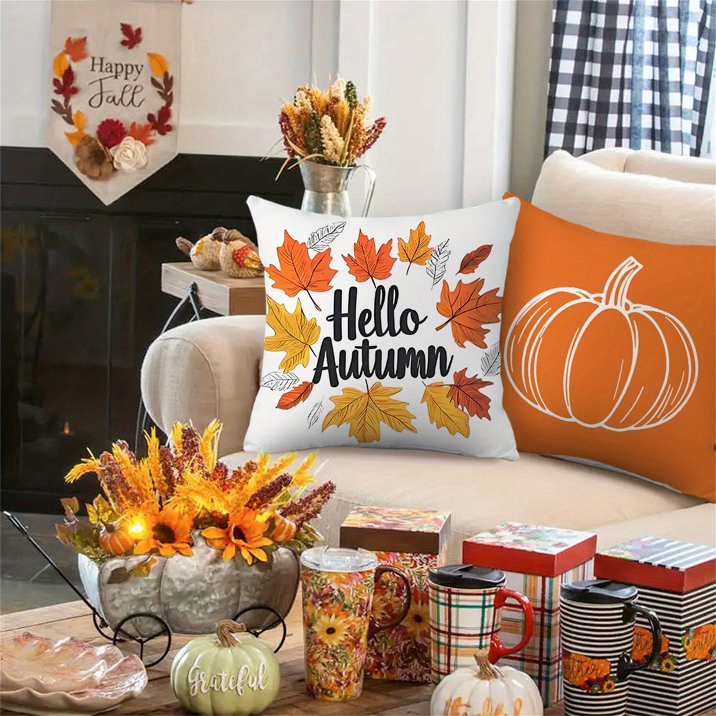 4pcs Autumn Blessings Hello Autumn Throw Pillow Covers Orange & White Maple Leaves Pumpkin Fall Farmhouse Thanksgiving Day Decorative Cushion Case for Bedroom Sofa Couch
