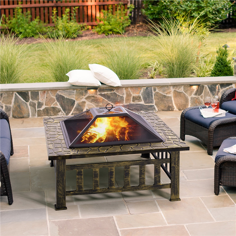 Costoffs Halloween 32in/34in Outdoor Multi-functional Fire Pit Wood Fire Pit Table for Patio Camping Square Firepit for Barbecue, Heating, Cooling w/Cover, Poker