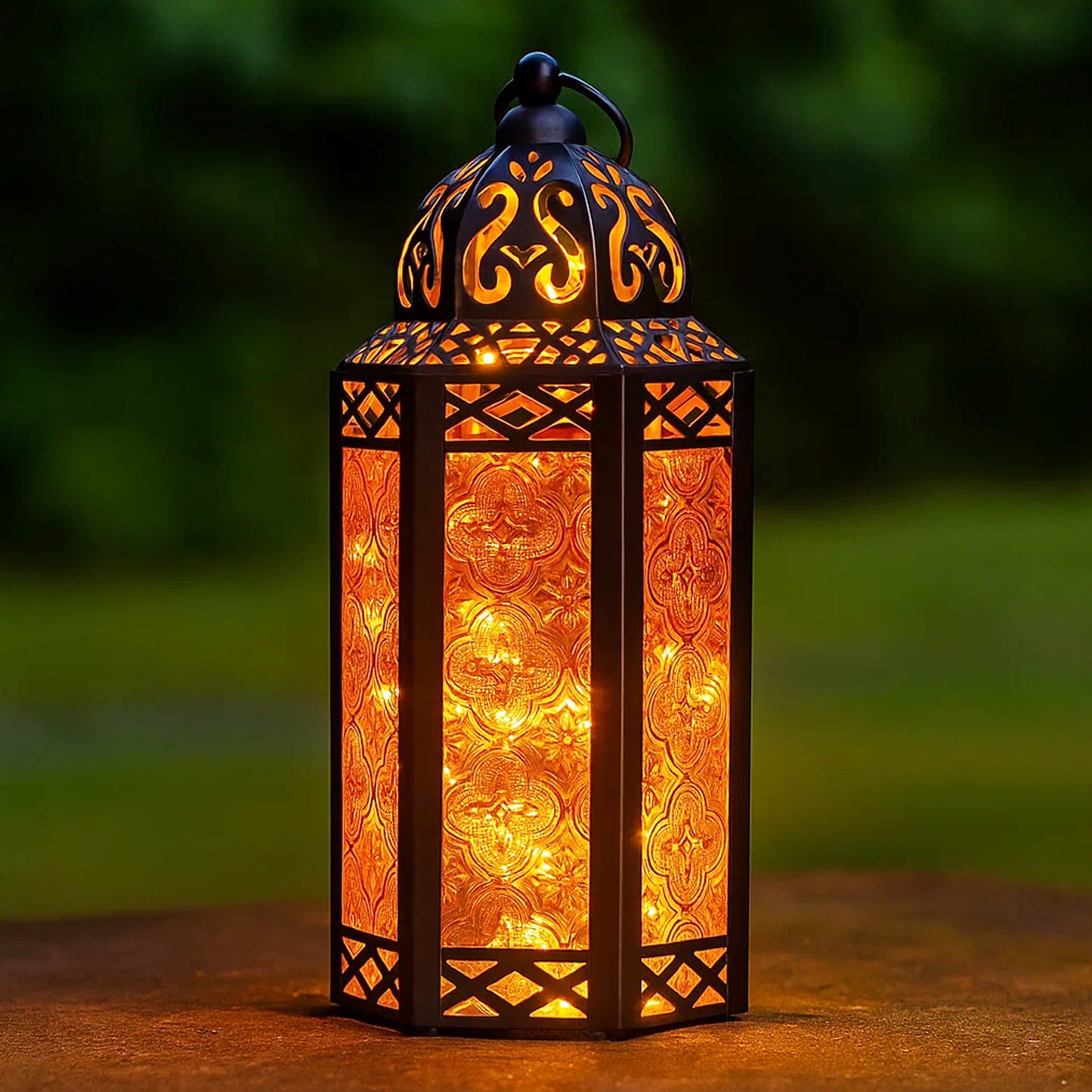 Stunning Ambient Lighting Safe and Stylish Glass Metal Moroccan Candle Lantern Holder Lamp with Battery-Operated LED Lights plus Remote Control – Handcrafted Lantern with Intricate Design and Embossed Glass, Indoor Home Dec