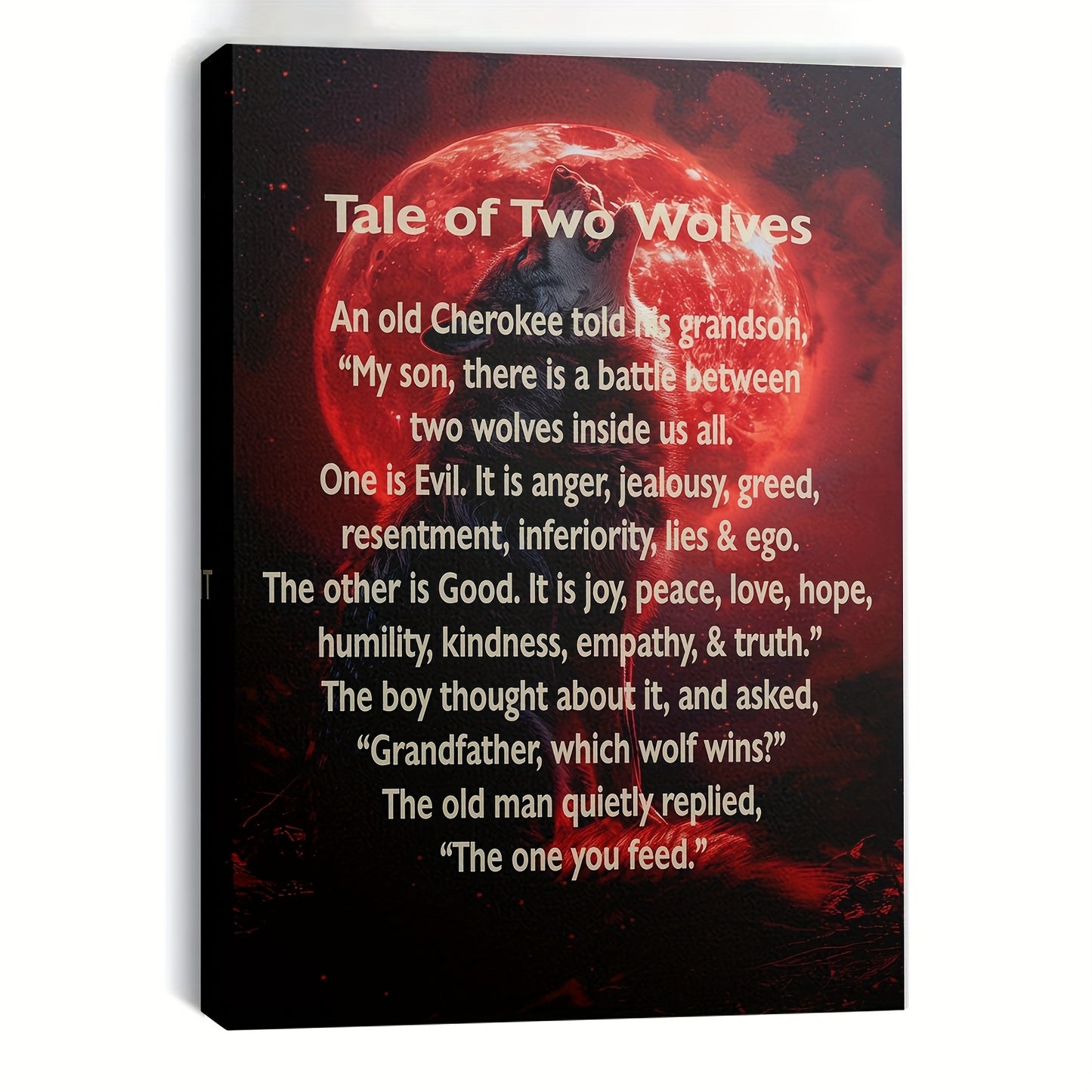 [Inspirational Wolf Canvas Art] 1pc Inspirational Wolf Howling at Moon Canvas Wall Art - Framed Tale of Two Wolves Quote, Red & Black Contrast Design, High-Quality Print with Hook for Home, Office, Bedroom, Yoga Studio Decor,