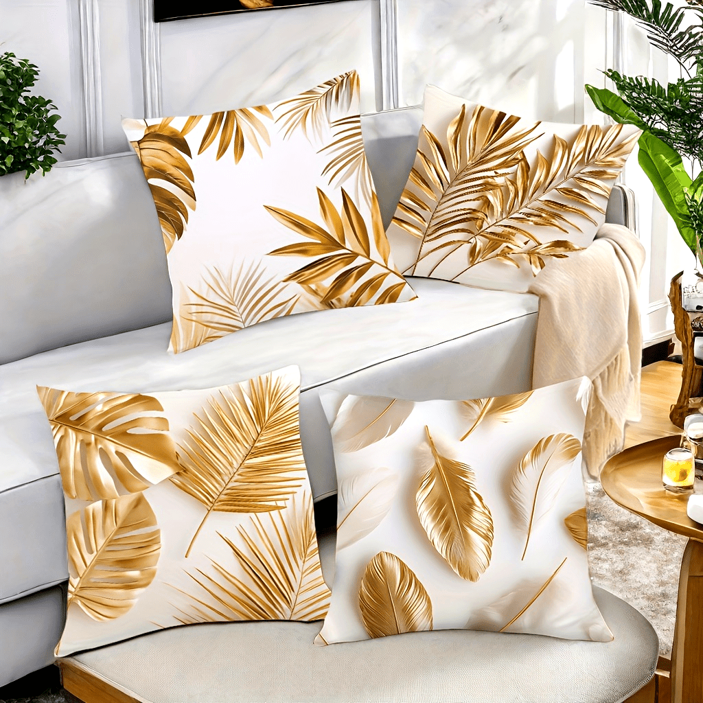 4pcs Golden Leaf Pattern Delicate Texture Pillowcase, 17.72 x 17.72 inches, Room Decoration, Office Decoration, Living Room Decoration, Sofa Decoration, Without Pillow Core