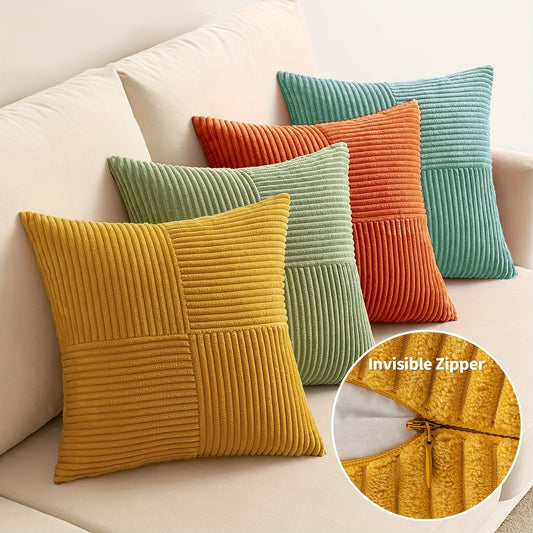 [Bohemian Pillow Covers] 4pcs Bohemian Style Patchwork Throw Pillow Covers | Soft Corduroy, Gradient Textured, Zip Closure, Polyester Fiber, 12in*20in, 18in*18in, Green, Orange, Teal, Yellow, Hand Wash Only, Farmhouse Aesthet