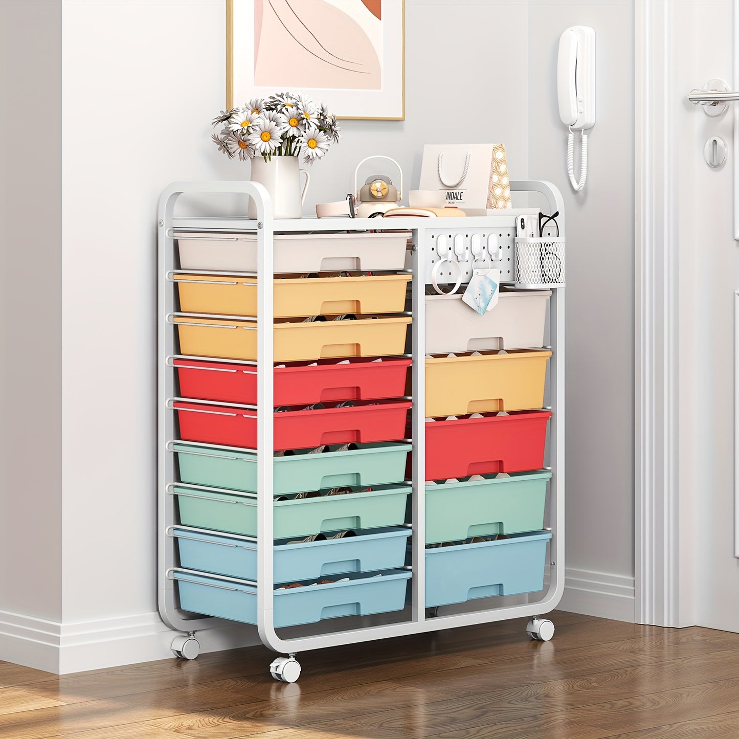 [Durable Craft Storage Cart] TOOLF Durable 14-Drawer Rolling Storage Cart with Tabletop & Pegboard | Mobile Utility Cabinet on Wheels - Metal Organizer with 14 Spacious Drawers, 3.2 Cu Ft Capacity & 27" Height for Home, Offic