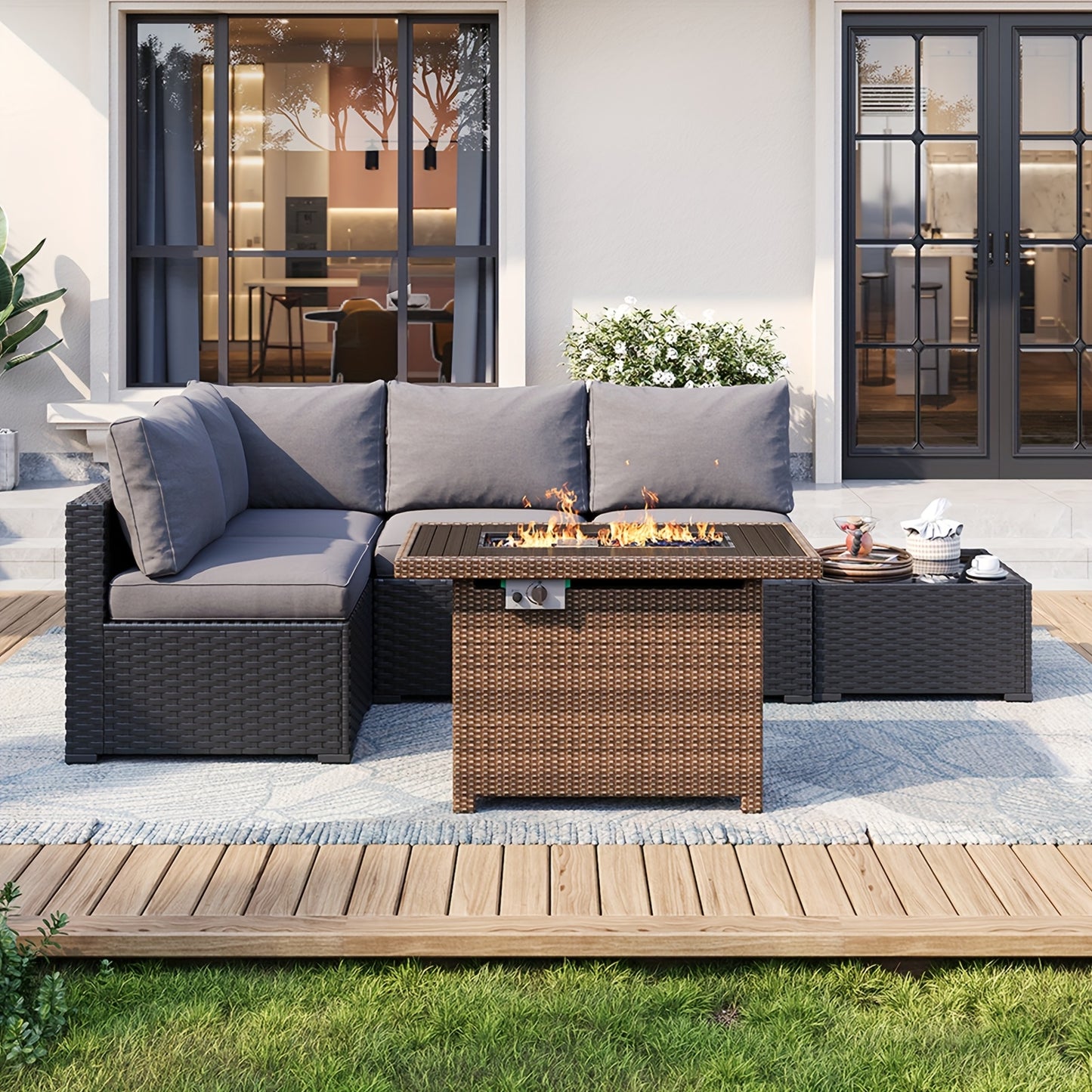 Oneinmil 3 & 8pcs Outdoor Sectional Patio Furniture Set with Fire Pit Table | L-Shaped Wicker Rattan Conversation Set | 4" Thick Waterproof Cushions for All-Weather Seating - Patio Furniture Outdoor for Deck, Garden, Poolside