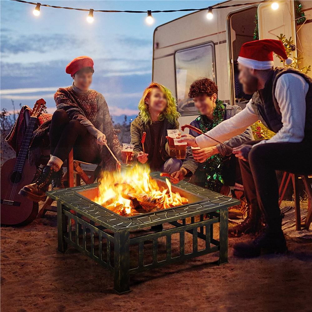 Costoffs Halloween 32in/34in Outdoor Multi-functional Fire Pit Wood Fire Pit Table for Patio Camping Square Firepit for Barbecue, Heating, Cooling w/Cover, Poker