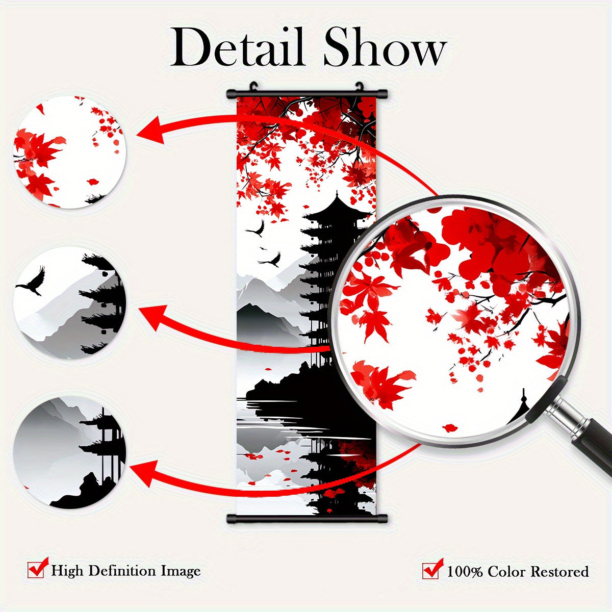 [Japanese Canvas Art] 4pcs Set of Japanese Landscape Canvas Wall Art - Featuring Traditional Red And Black Scroll Paintings - Made from High-Quality Canvas Material - Ready to Hang - with Elegant Wall Decor Suitable for Livin