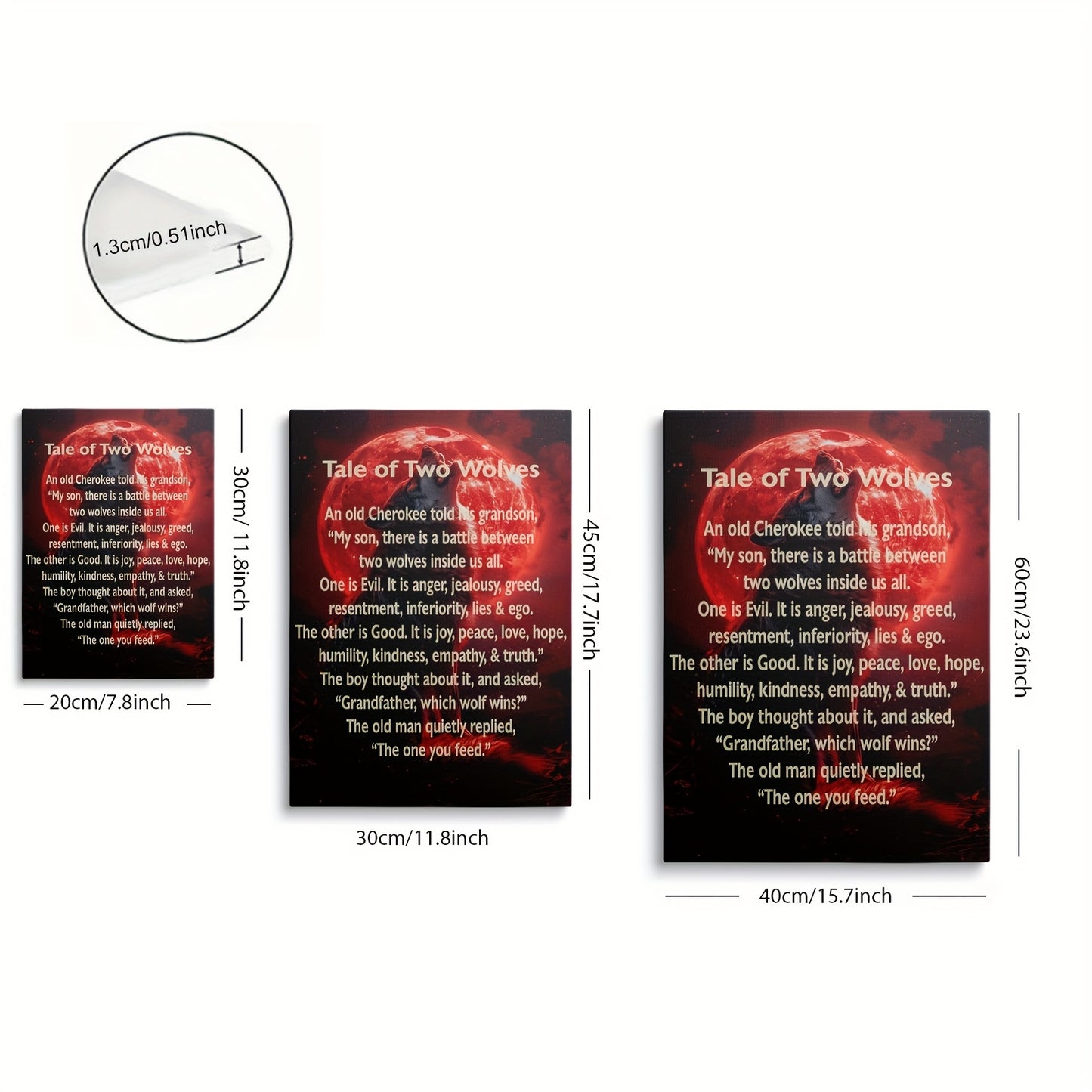[Inspirational Wolf Canvas Art] 1pc Inspirational Wolf Howling at Moon Canvas Wall Art - Framed Tale of Two Wolves Quote, Red & Black Contrast Design, High-Quality Print with Hook for Home, Office, Bedroom, Yoga Studio Decor,