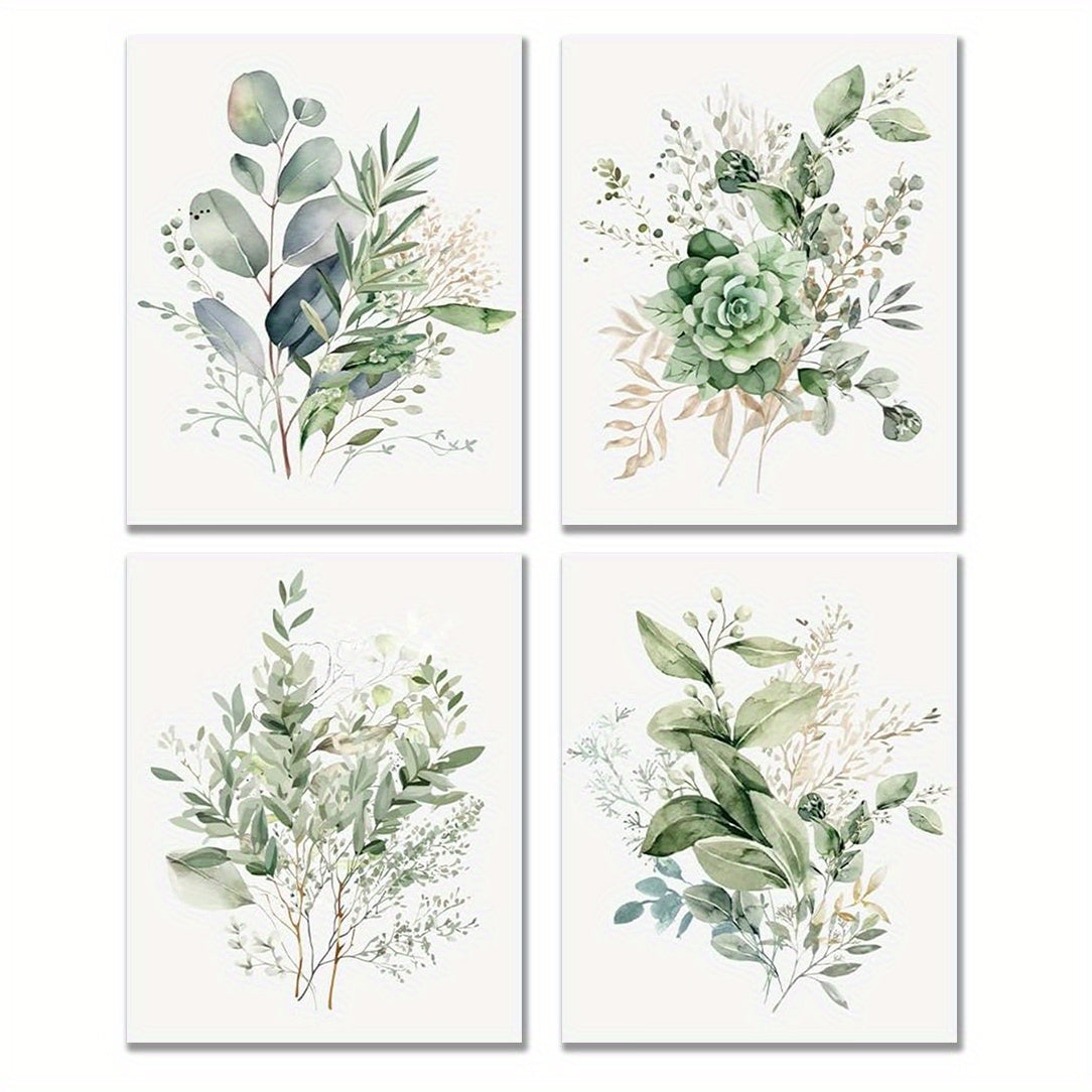 2D Flat 4pcs Frameless Sage Green Plant Wall Art Bohemian Floral Floral Wall Decoration Print, Sage Green Wildflower Wall Art, Bedroom Bathroom Farmhouse Modern Flower Plant Decoration Wall Art Printing Posters Wall Decor Pri