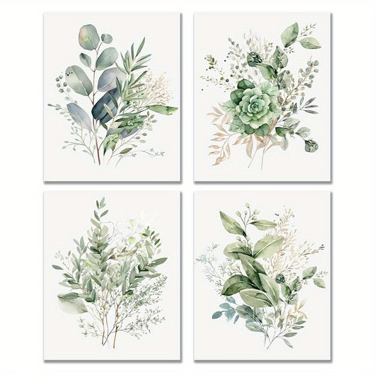2D Flat 4pcs Frameless Sage Green Plant Wall Art Bohemian Floral Floral Wall Decoration Print, Sage Green Wildflower Wall Art, Bedroom Bathroom Farmhouse Modern Flower Plant Decoration Wall Art Printing Posters Wall Decor Pri