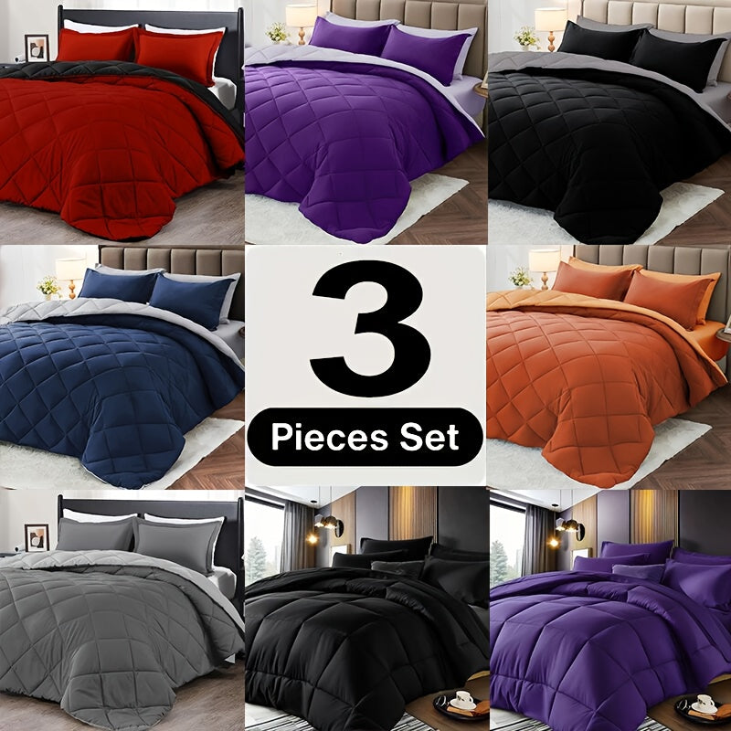 3pcs Solid Colour Checkered Comforter Set - Soft Microfiber, Lightweight, All-Season, Twin/Queen/King Size Bed In A Bag, Quilt Set with Breathable Fabric And Easy Care