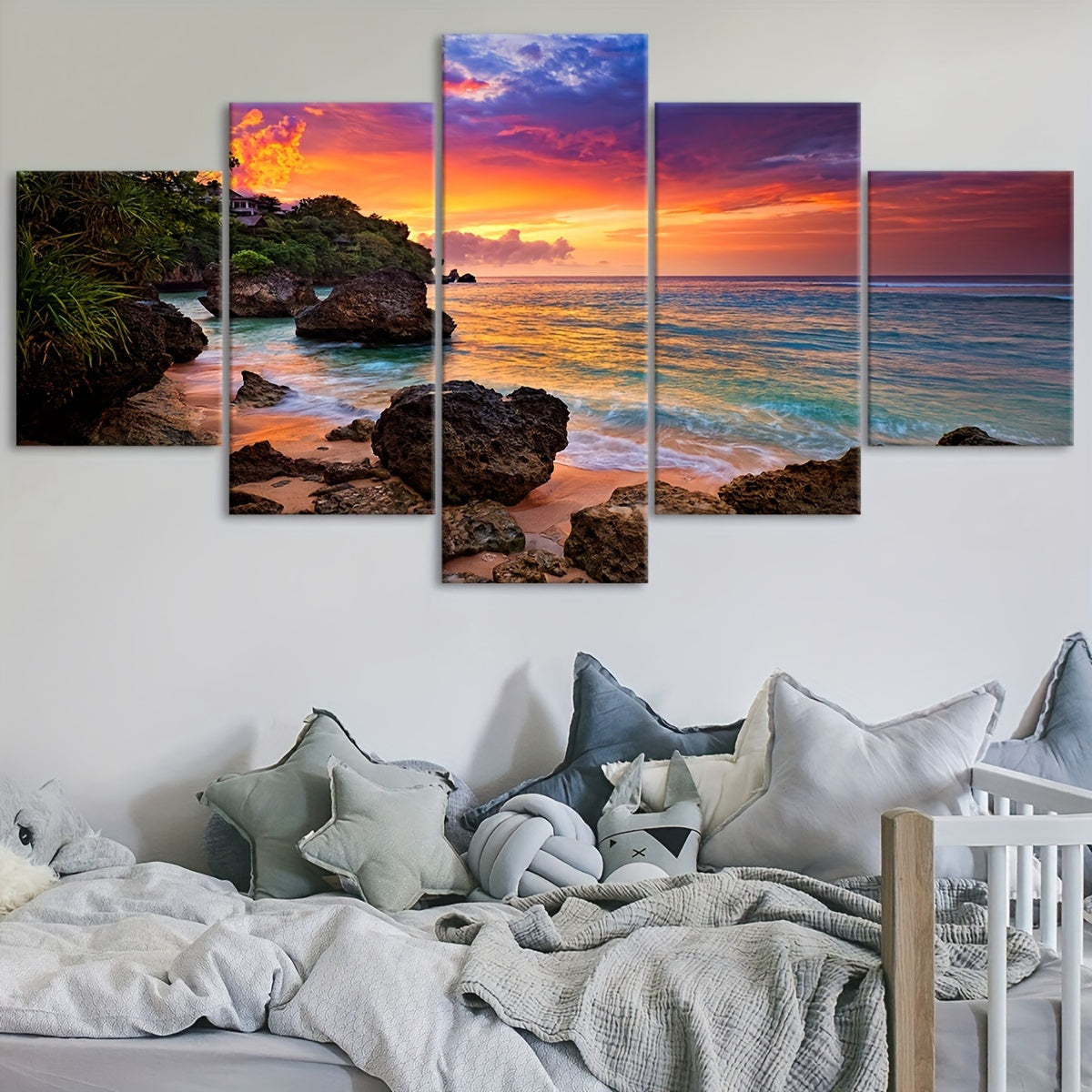 5pcs Frame Nature Seaside Lakes Canvas Poster, Sunrise Sunset Sea View Five Panel Scene Art, Modular Picture, Print Painting, Modern Art, Ideal Decor for Bedroom Living Room Kitchen Dorm, Wall Decoration, Gift for Family Frie