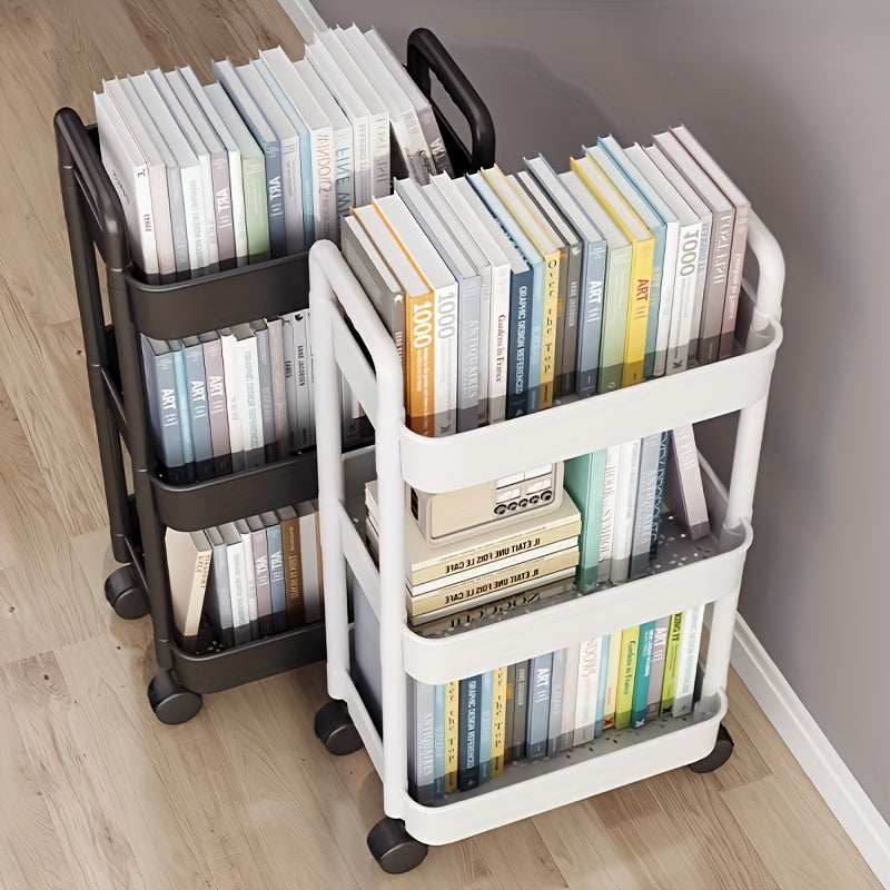 [Durable Storage Cart] Durable Multi-Layer Storage Organizer Cart | Easy to Move, Ideal for Kitchen, Bathroom, Bedroom - White and Black, 2D Flat