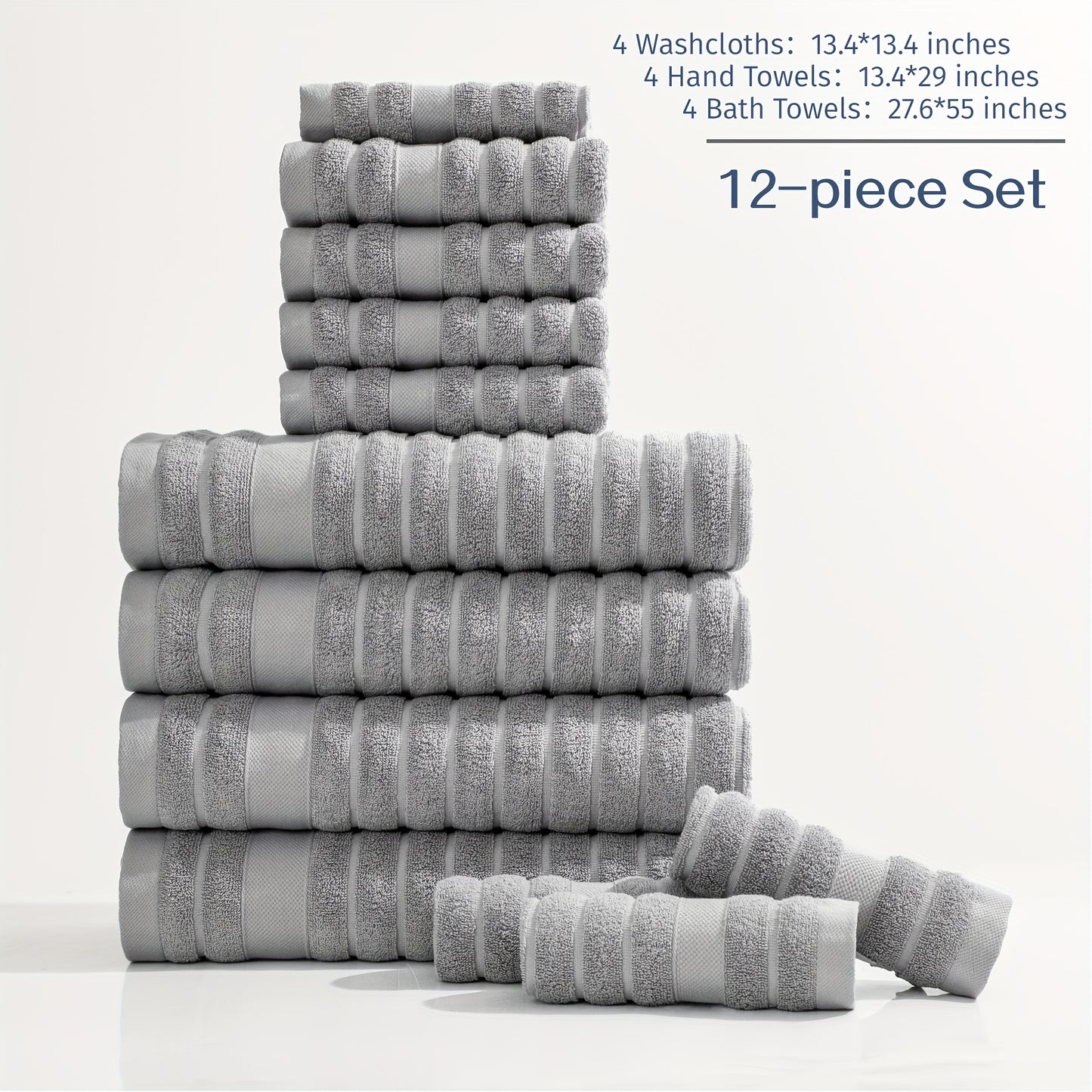 12pcs Cotton Towels Set, 4 Washcloths + 4 Hand Towels + 4 Bath Towels, Bath Line Sets, Festive Bathroom Decor And Gift, Travel Essential ItemsStripe, 400GSM, Quick-drying, Soft And Comfortable, Bathroom Accessories, Towel For