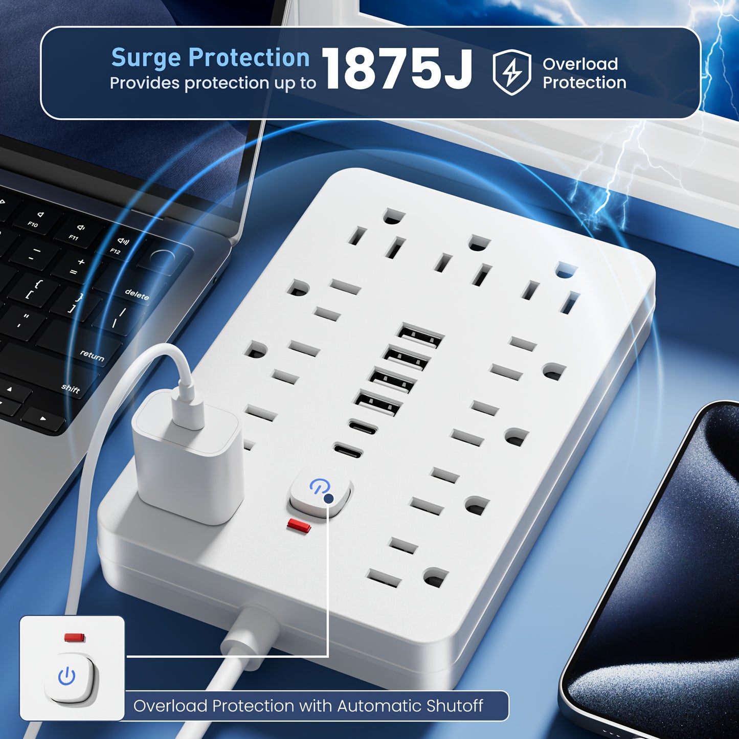 [11-Outlet Power Hub] 11-Outlet Power Hub with 4 USB and 2 USB-C Ports | 5FT or 10FT Length, Flat Plug, Wall Mountable, Overload Protection | Ideal for Home or Office Use