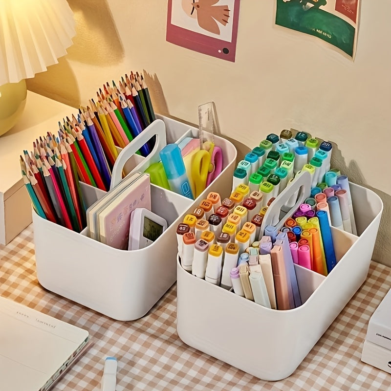 1pc Large Capacity PP Material Portable Storage Box with Multi-Compartment, Sturdy Handle - Organizer for Markers, Pens, Stationery, Office Supplies, Art Supplies Storage|Multi-Compartment Organizer|Durable PP Material