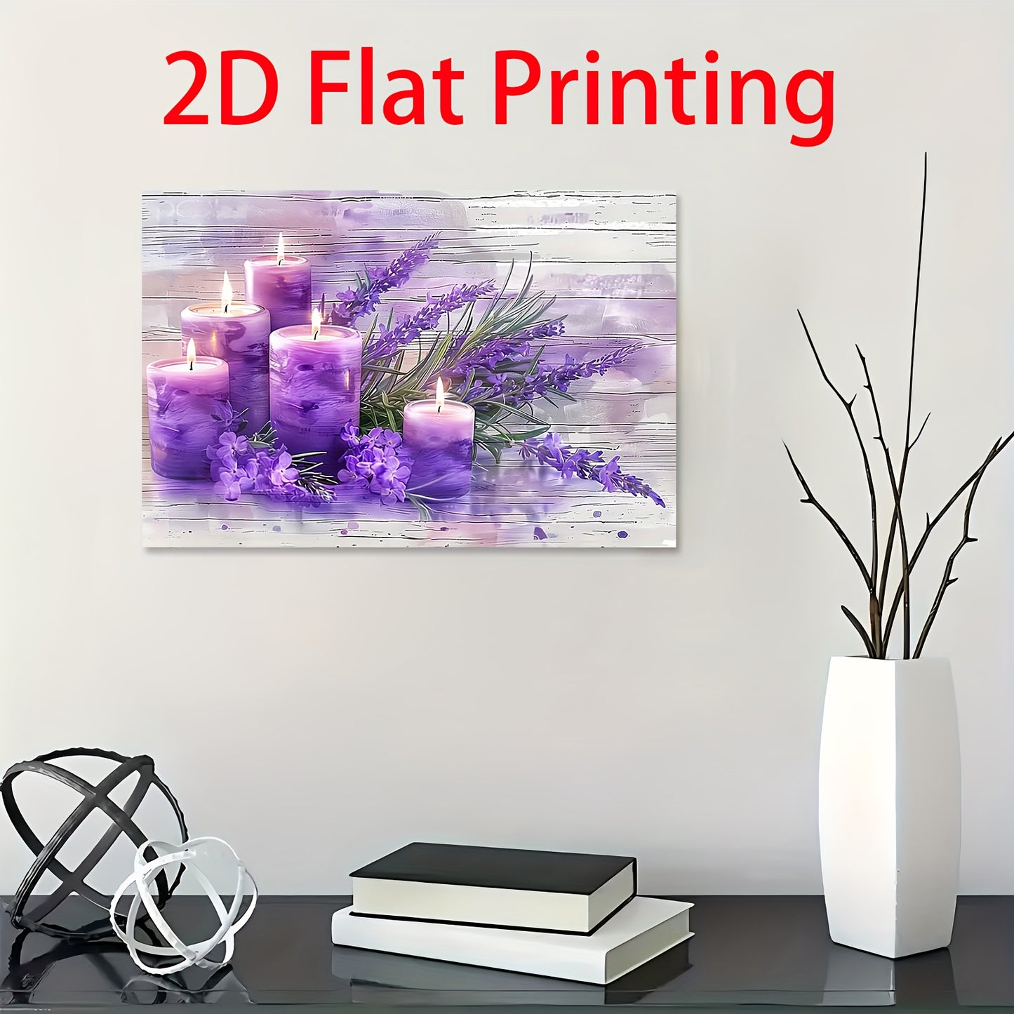 [2D Flat] 1pc Elegant Purple Candles & Lavender Canvas Art Print, 11.8"x15.7" - Wooden Framed Wall Decor for Living Room, Bedroom, Kitchen | Serene Home & Office Accent, Ideal Christmas Gift for Her or Him, Bedroom Wall Art|P