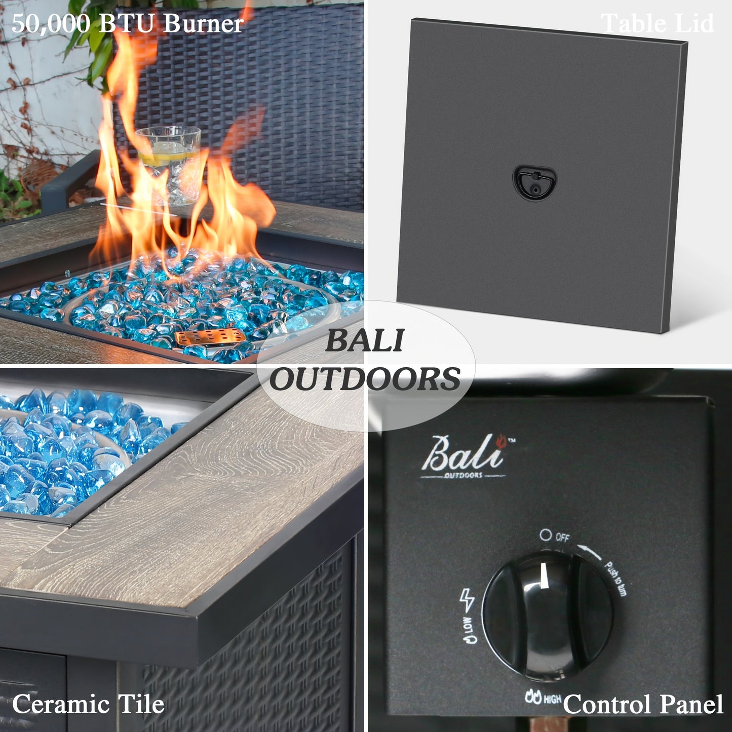 BALI OUTDOORS 50,000 BTU Heavy-Duty Propane Gas Fire Pit Table - 30" Square Outdoor fireplace with Fire Glass, Powder-Coated Steel Construction, Extreme Heat, for Backyard, Patio, Garden - Converts to Dining Table with Lid, B