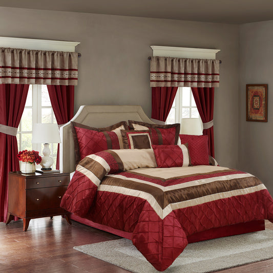 7 Piece Comforter Set -Burgundy Series Patchwork Diamond Pintuck-MYA Bed In A Bag Queen Size-Soft, Hypoallergenic, Fade Resistant-1 Comforter, 2 Shams, 3 Decorative Pillows, 1 Bedskirt