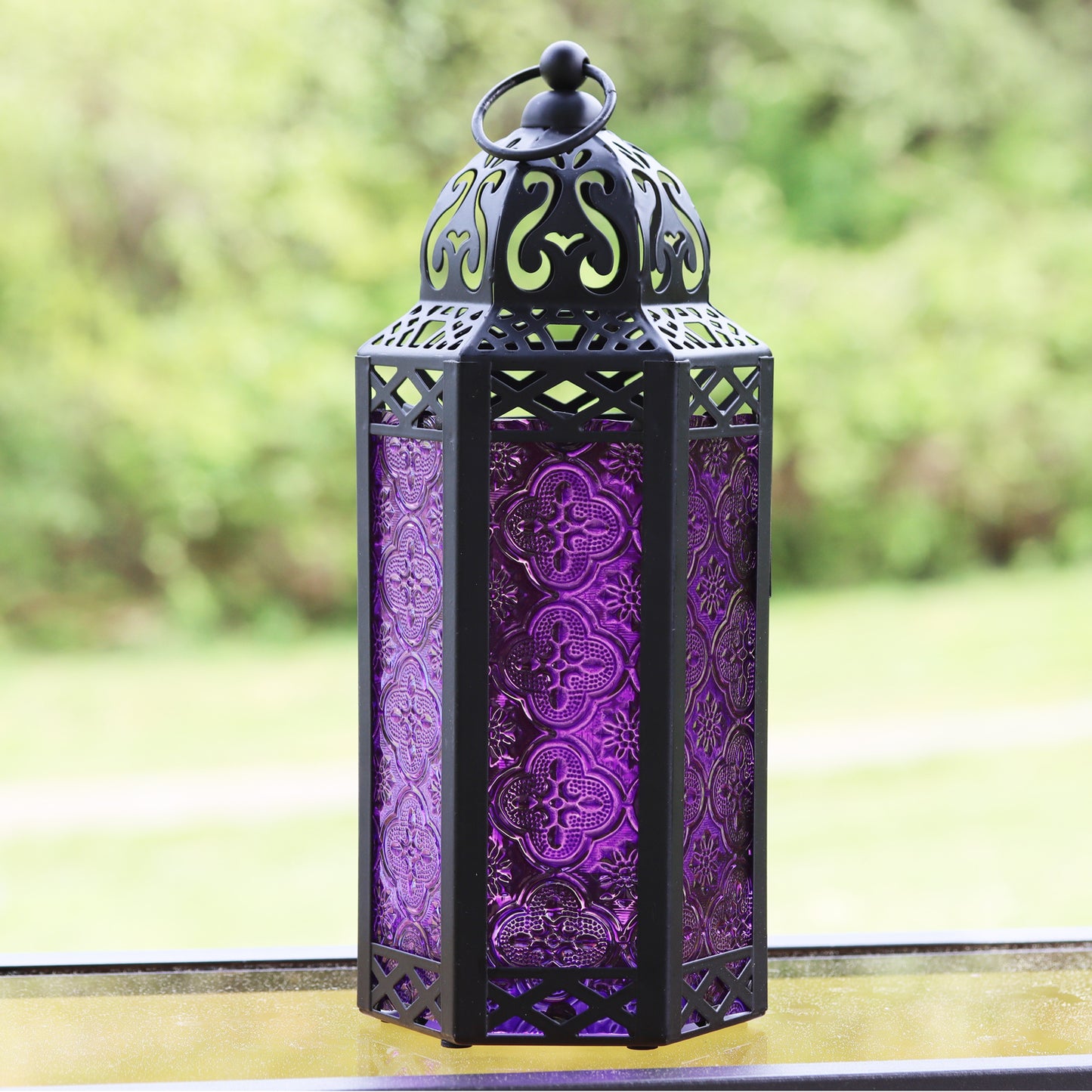 Stunning Ambient Lighting Safe and Stylish Glass Metal Moroccan Candle Lantern Holder Lamp with Battery-Operated LED Lights plus Remote Control – Handcrafted Lantern with Intricate Design and Embossed Glass, Indoor Home Dec