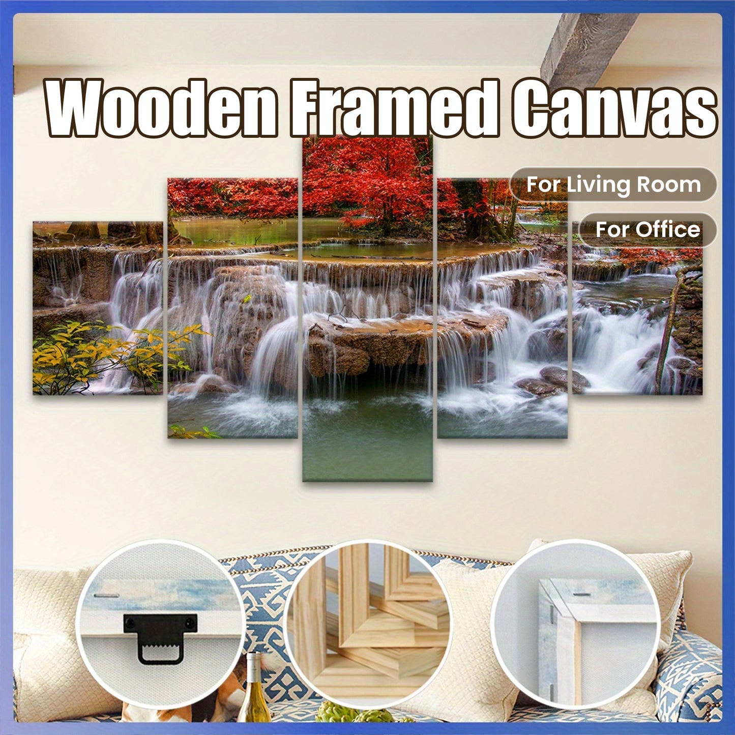 5pcs Wooden Framed Canvas, Jungle And Stream Theme Poster, Pattern Art for Home Decoration, Wall Decor for Living Room, Bedroom, Office, Bar, Restaurant, High Quality Waterproof Painting, HD Artwork.