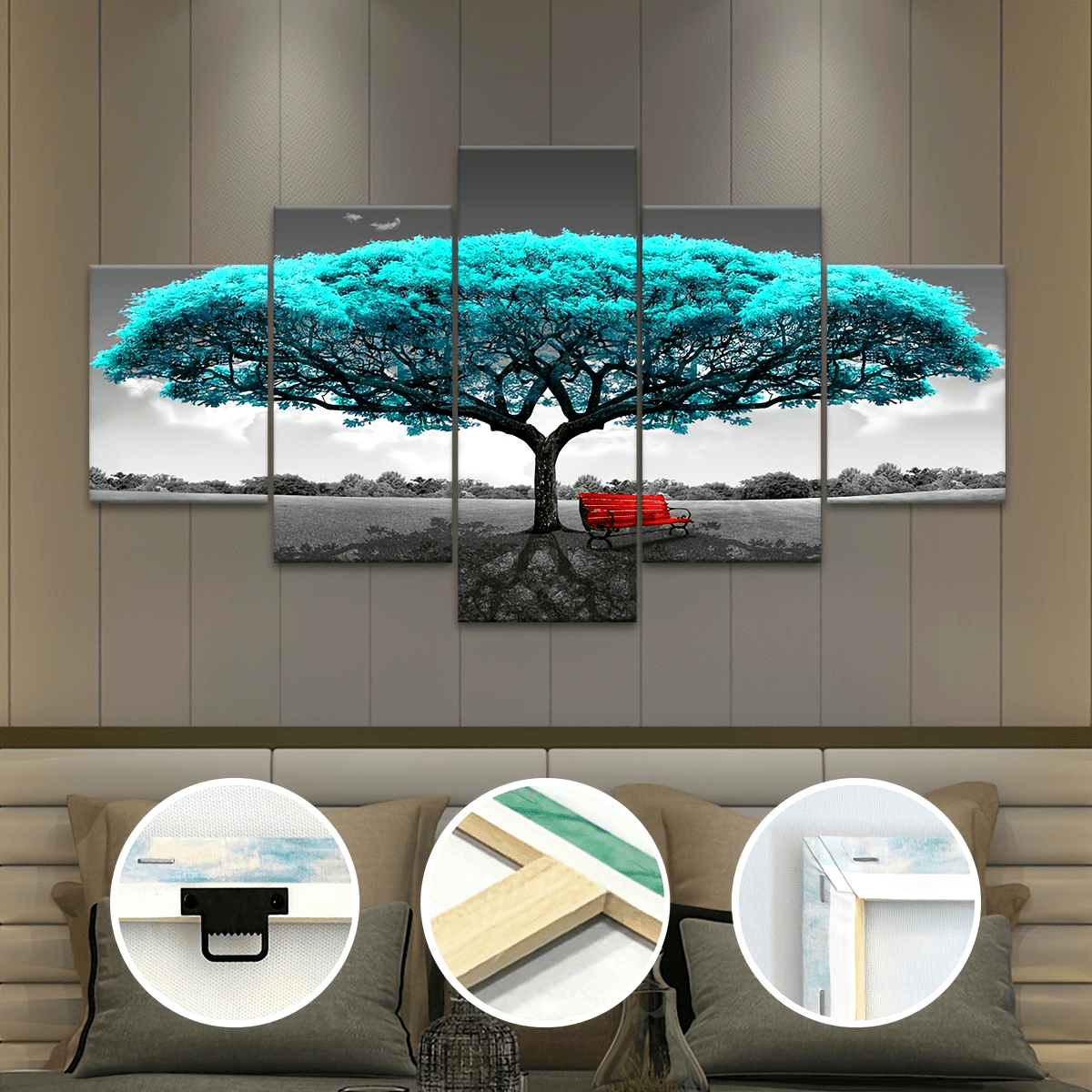 5pcs Frame Green Happiness Tree Canvas Poster, Five Panel Scene Art, Modular Picture, Print Painting, Modern Art, Ideal Decor for Bedroom Living Room Kitchen Dorm, Wall Decoration, Gift for Family Friends, Murals, Waterproof,