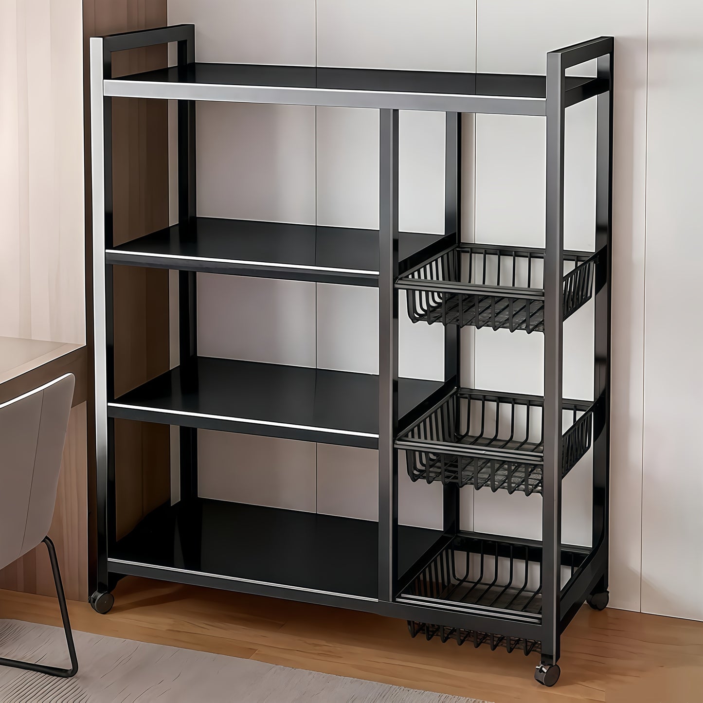 Movable Storage Rack, Adjustable 4-Layer Storage Rack with 3 Wire Baskets