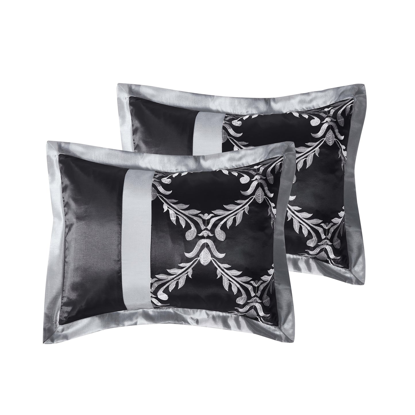 7 Piece Classic Embroidery Comforter Set King/Queen- Black And Silver Faux Silk Fabric Embroideried-1 Comforter, 2 Shams, 3 Decorative Pillows, 1 Bedskirt