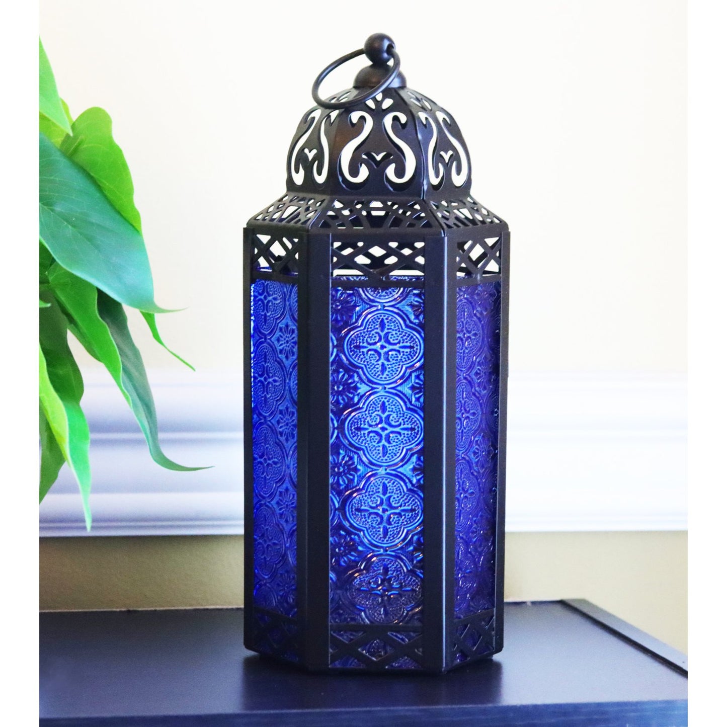 Stunning Ambient Lighting Safe and Stylish Glass Metal Moroccan Candle Lantern Holder Lamp with Battery-Operated LED Lights plus Remote Control – Handcrafted Lantern with Intricate Design and Embossed Glass, Indoor Home Dec
